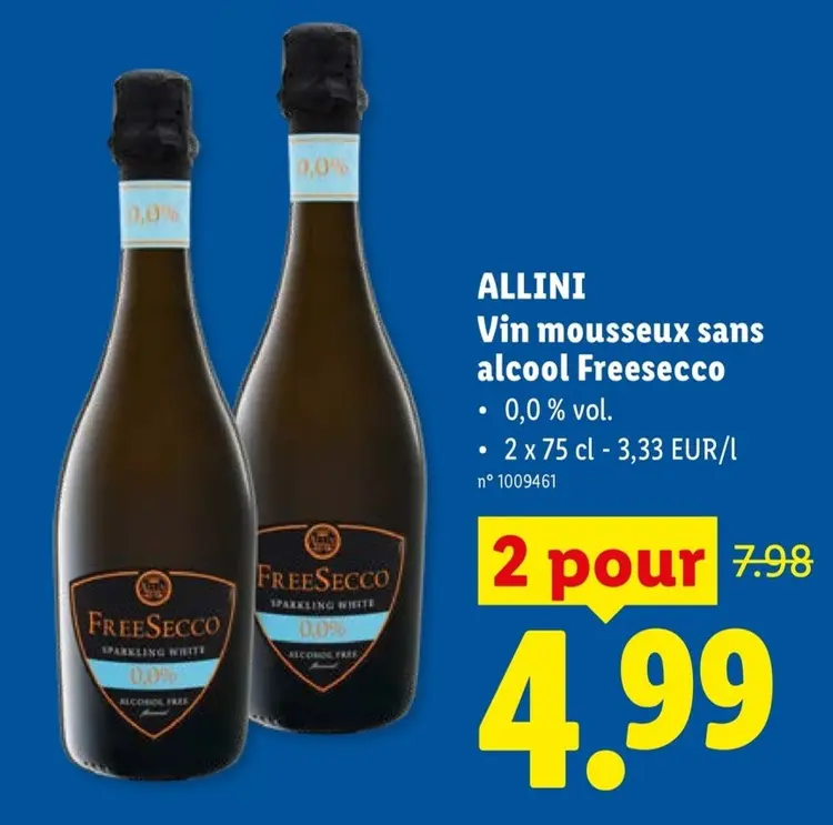 Offre: Vin mousseux sans alcool Freesecco