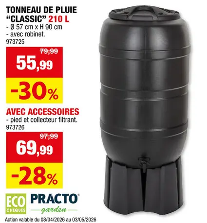 Offre: Practo Garden Classic tonneau de pluie 210l noir + robinet