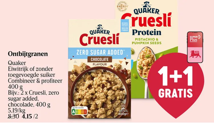 Promotie: Ontbijtgranen Quaker Eiwitrijk of zonder toegevoegde suiker