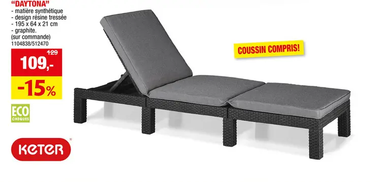 Offre: Allibert chaise longue Daytona + coussin gris