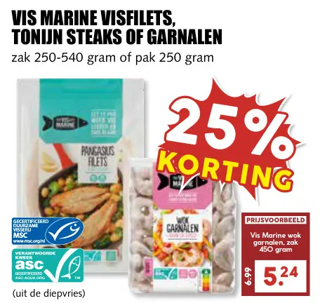 Aanbieding: Visfilets, tonijn steaks of garnalen