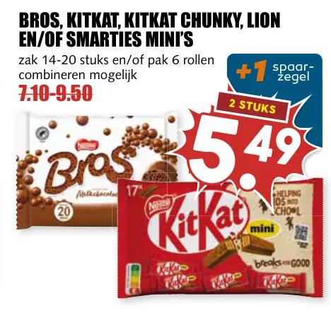 Aanbieding: Bros, KitKat, KitKat chunky, lion en/of smarties mini's