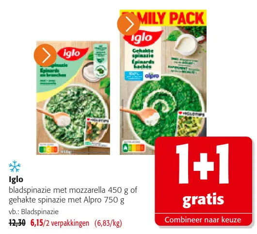 Promotie: bladspinazie met mozzarella of gehakte spinazie