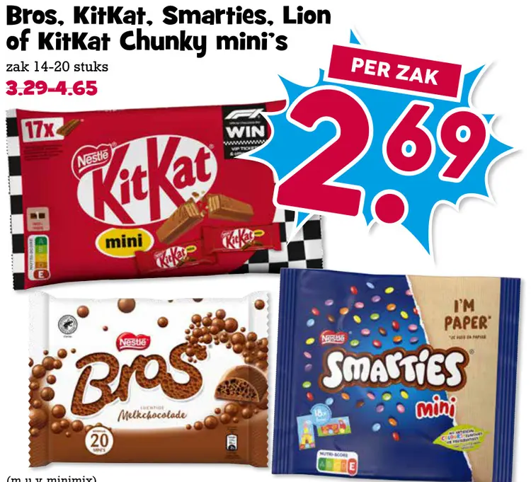 Aanbieding: Bros, KitKat, Smarties, Lion of KitKat Chunky mini's