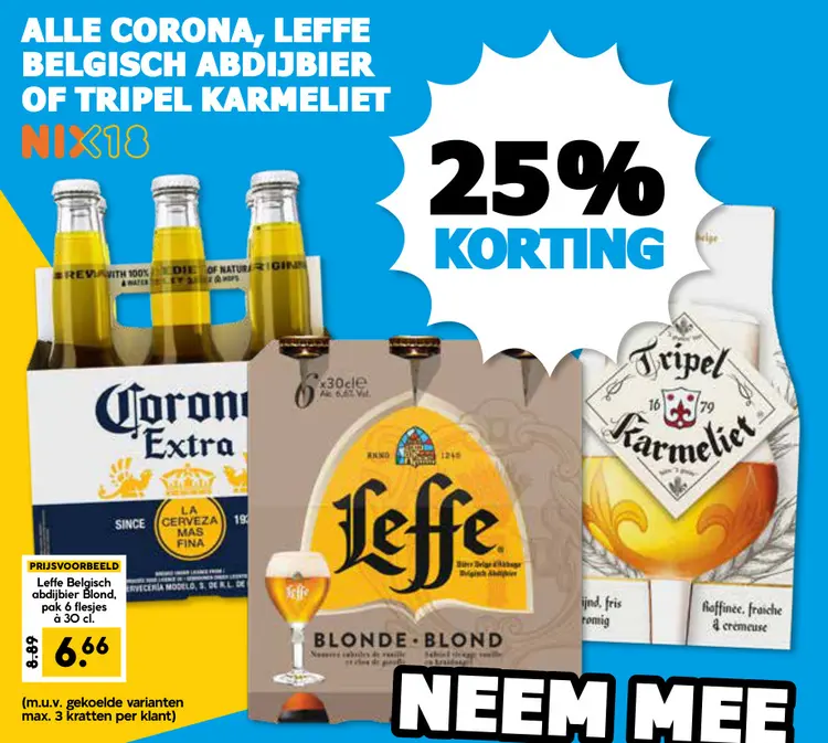 Aanbieding: Alle Corona, Leffe Belgisch Abdijbier of Tripel Karmeliet