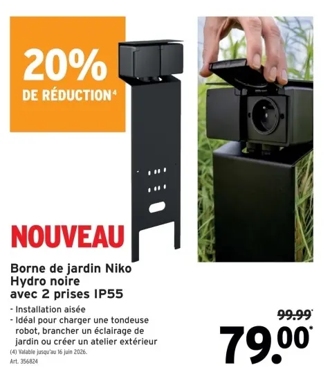 Offre: Borne de jardin Niko Hydro noire avec 2 prises