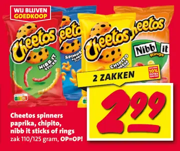 Aanbieding: Cheetos spinners paprika, chipito, nibb it sticks of rings