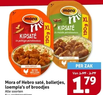 Aanbieding: Mora of Hebro saté, balletjes, loempia's of broodjes