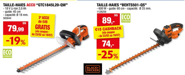 Offre: Black+Decker BEHTS501-QS taille-haie avec lame de scie électrique 600W 60cm
