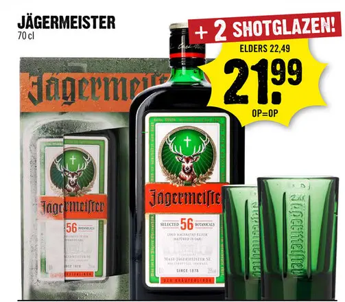 Aanbieding: Jagermeister plus 2 originele shotglazen 70 cl