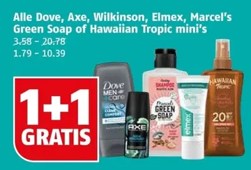 Aanbieding: Dove, Axe, Wilkinson, Elmex, Marcel's Green Soap of Hawaiian Tropic mini's