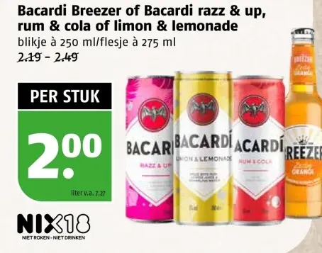 Aanbieding: Bacardi Breezer of Bacardi razz & up, rum & c