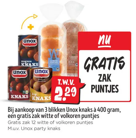 Aanbieding: 3 blikken Unox knaks + GRATIS zak puntjes