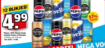 Aanbieding: Pepsi , 7UP , Royal Club , Crystal Clear of Rivella 12 blikjes van 0.25 liter Van 8.52-11.64