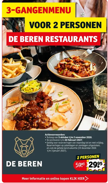 Aanbieding: De Beren 3-gangenmenu voor 2 personen
