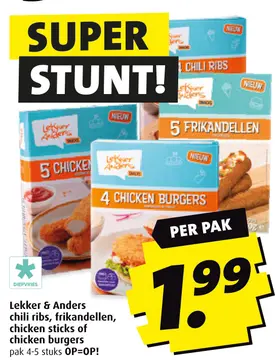 Aanbieding: Lekker & Anders chili ribs, frikandellen, chicken sticks of chicken burgers