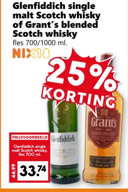 Aanbieding: Glenfiddich single malt Scotch whisky of Grant's blended Scotch whisky