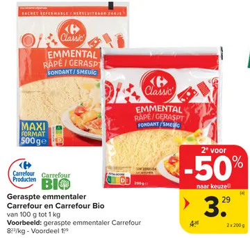 Aanbieding: Geraspte emmentaler Carrefour en Carrefour Bio