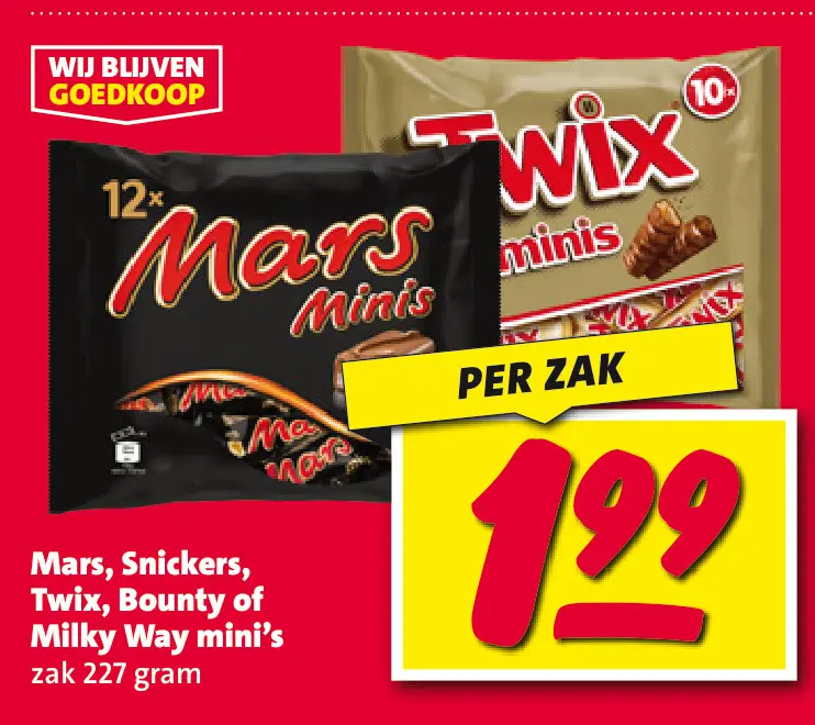 Aanbieding: Mars, Snickers, Twix, Bounty of Milky Way min