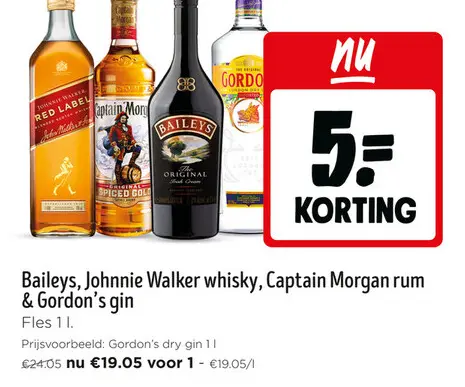 Promotie: Baileys, Johnnie Walker whisky, Captain Morgan rum & Gordon's gin
