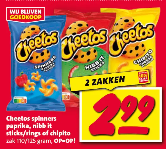 Aanbieding: Cheetos spinners paprika, nibb it sticks/ring of chipito