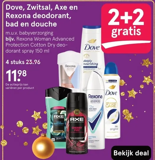 Aanbieding: Dove, Zwitsal, Axe en Rexona deodorant, bad en douche