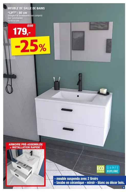 Offre: Aurlane Lift meuble salle de bains set 80cm 2 tiroirs blanc