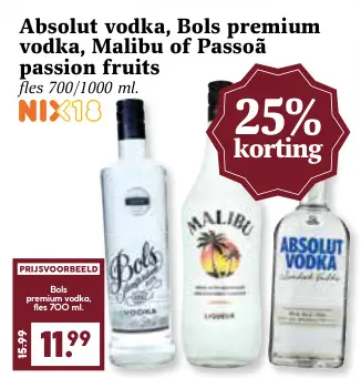 Aanbieding: Absolut vodka, Bols premium vodka, Malibu of Passoã passion fruits