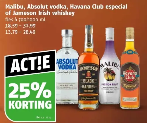 Aanbieding: Malibu, Absolut vodka, Havana Club especial of Jameson Irish Whiskey