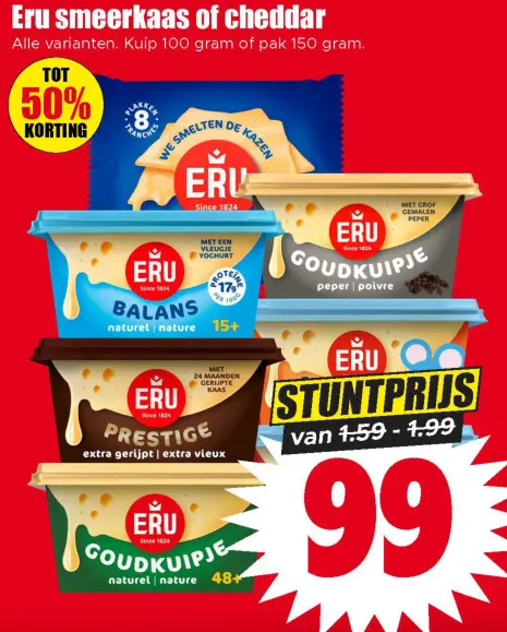 Aanbieding: Eru smeerkaas of cheddar