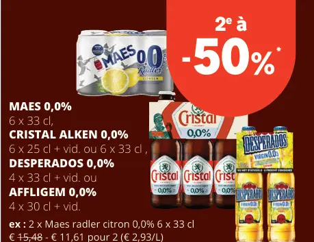 Offre: Maes 0,0%, Cristal Alken 0,0%, Desperados 0,0% ou Affligem 0,0%