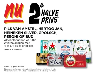 Aanbieding: Pils van Amstel, Hertog Jan, Heineken Silver, Grolsch Peroni of BUD