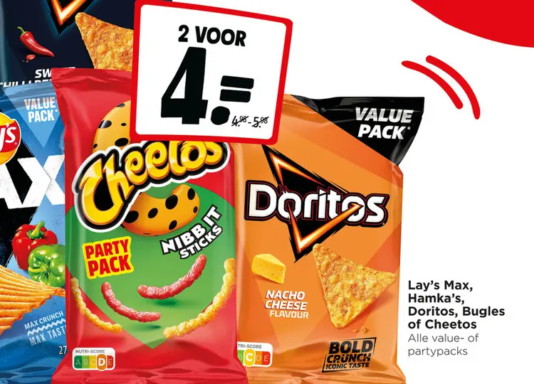 Aanbieding: Lay's Max, Hamka's, Doritos, Bugles of Cheetos