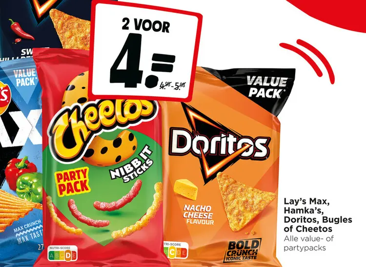 Aanbieding: Lay's Max, Hamka's, Doritos, Bugles of Cheetos