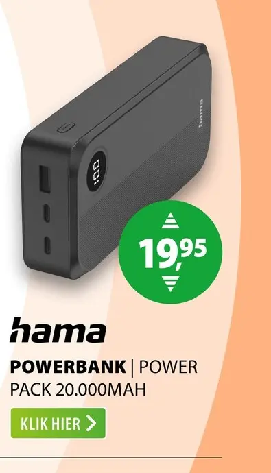Aanbieding: Hama Power Pack 20.000mAh 3 Uitgangen: 2X USB-C 1X USB-A Zwart