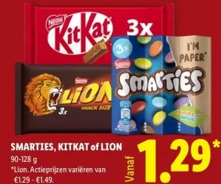 Aanbieding: Smarties, Kitkat of Lion