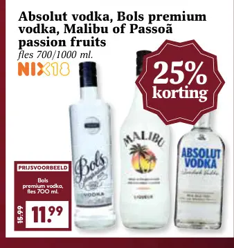 Aanbieding: Absolut vodka, Bols premium vodka, Malibu of Passoã