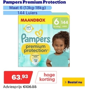 Aanbieding: Pampers Premium Protection - Maat 6 (13kg-18kg) - 144 Luiers - Maandbox
