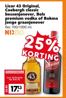 Aanbieding: Licor 43 Original, Coebergh classic bessenjenever, Bols premium vodka of Bokma jonge graanjenever