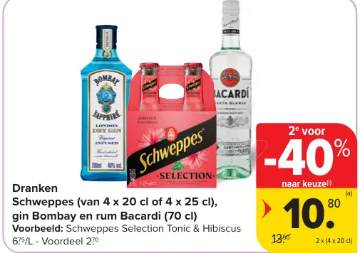 Promotie: Schweppes, gin Bombay en rum Bacardi