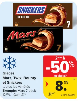 Offre: Glaces Mars, Twix, Bounty et Snickers