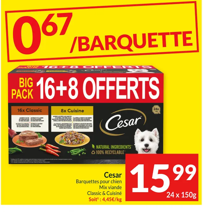 Offre: Barquettes pour chien Mix viande 