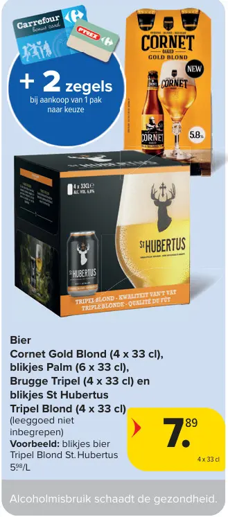 Promotie: Bier Cornet Gold Blond, blikjes Palm, Brugge Tripel en blikjes St Hubertus Triper Blond