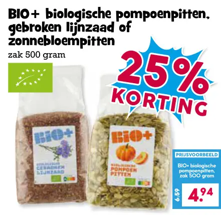 Aanbieding: biologische pompoenpitten, gebroken lijnzaad of zonnebloempitten