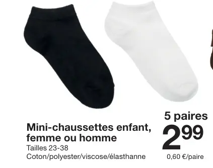 Offre: Mini-chaussettes enfant, femme ou homme