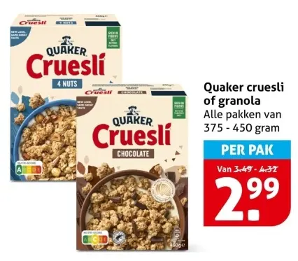 Aanbieding: Quaker cruesli of granola