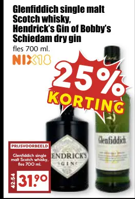 Aanbieding: Glenfiddich single malt Scotch whisky, Hendrick's Gin of Bobby's Schiedam dry gin