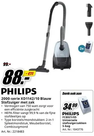 Promotie: 2000-serie XD1142/10 Blauw Stofzuiger met zak