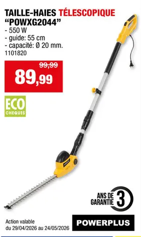 Offre: Powerplus POWXG2044 taille-haie électrique télescopique 550W 55cm