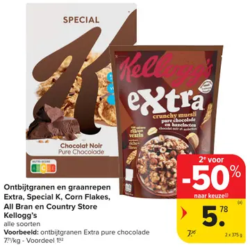 Aanbieding: Ontbijtgranen en graanrepen Extra, Special K, Corn Flakes, All Bran en Country Store